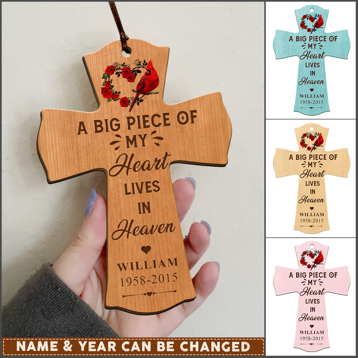 A Big Piece Of My Heart Lives In Heaven Memory Cardinal Cross Wooden