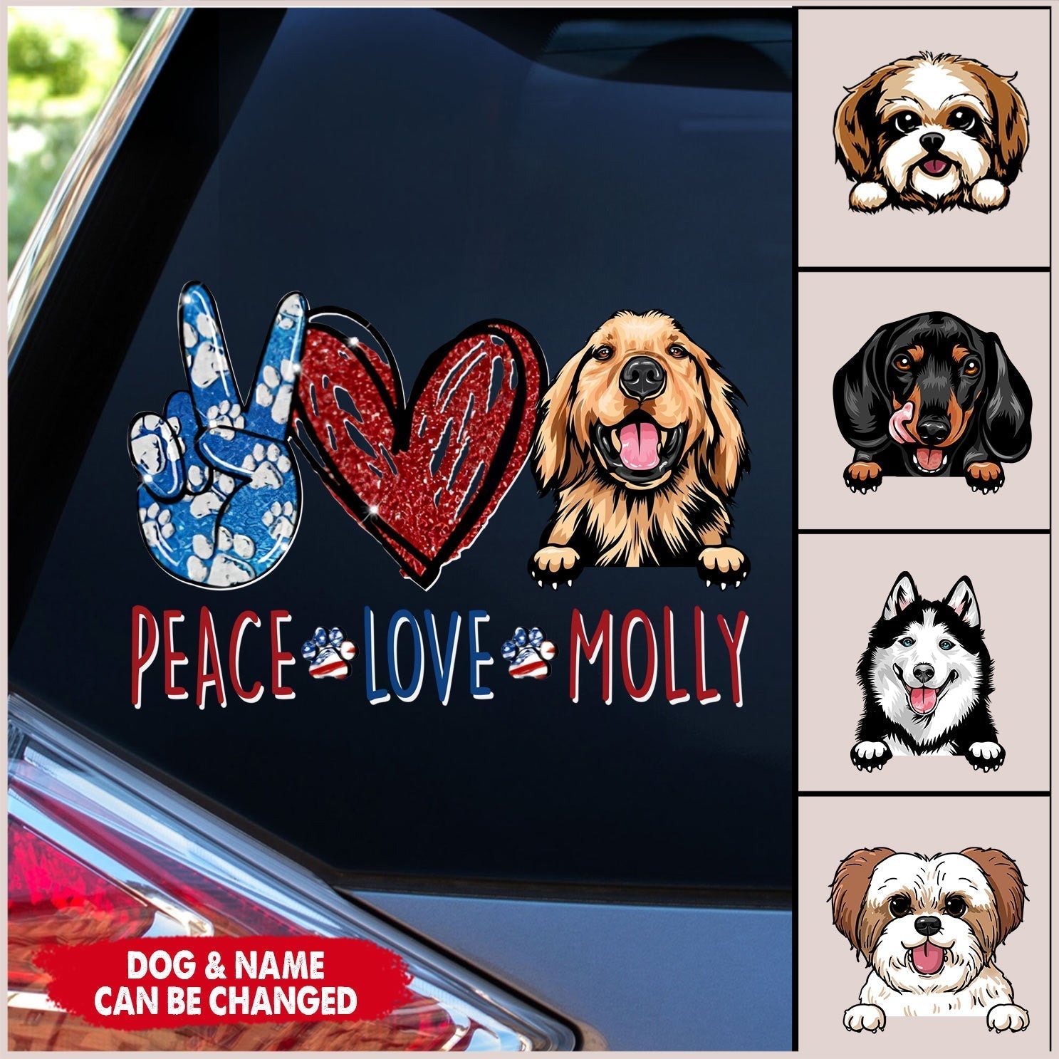 Customized Dog Mom Dog Dad Peace Love Dog Puppy Pet Paws Lover Fur Mama Hippie Gift Decal