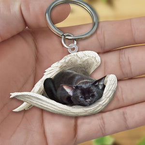 Personalized Stainless Cat Sleeping Angel Keychain - Double Sides Printed