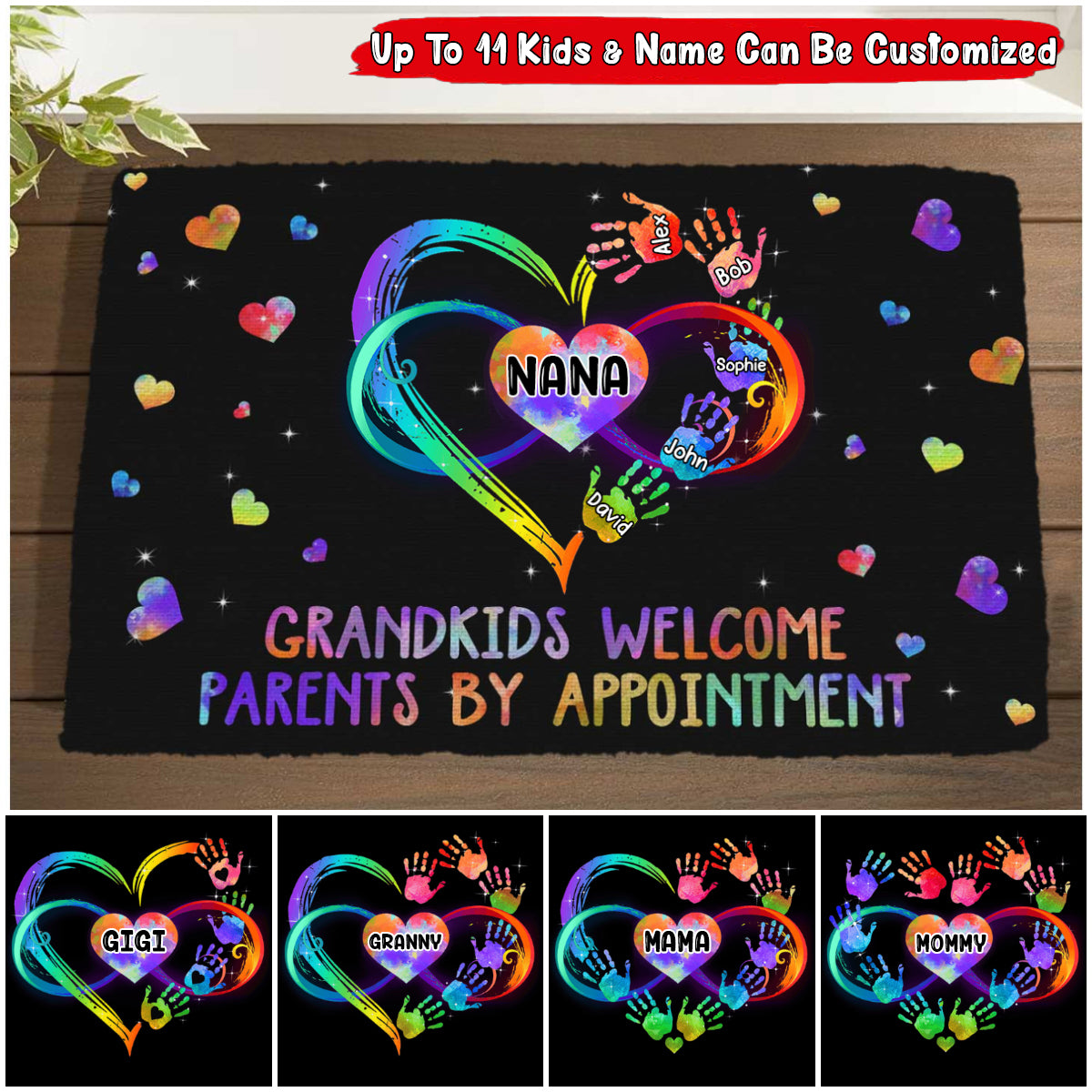 Grandma Heart Grandkids Hand Prints Custom Nickname Names Family Love Infinity Personalized Doormat