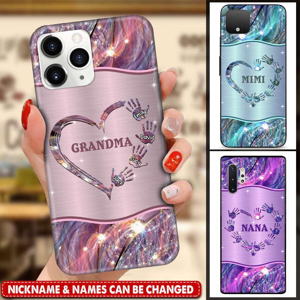 Grandma- Mom Heart Handprint Kids, Multi Colors Personalized Glass Phone Case