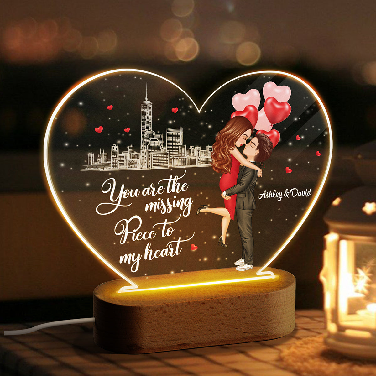 The Missing Piece To My Heart Personalized Heart Plaque LED Night Light - Acrylic LED Lamp - Valentine‘s Day Gift For Him, Gift For Her