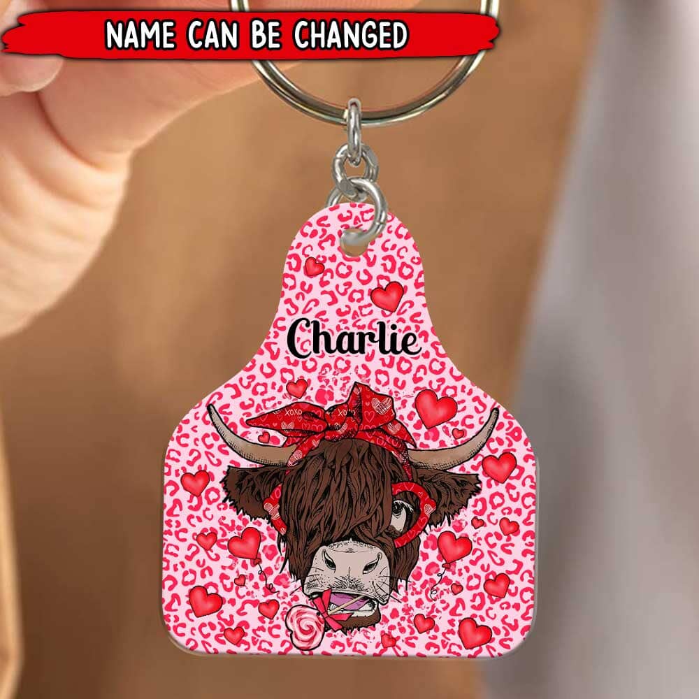 Sweet Valentine Love Highland Cow Cattle Farm Personalized Keychain
