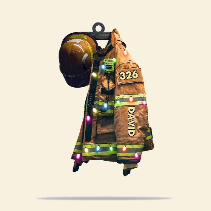 Firefighter Suits With Christmas Light - Personalized Flat Ornament - Gift for Firefighters