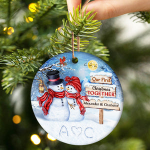 Snowman Couple Our First Christmas Together - Christmas Gift For Couple - Personalized Custom Circle Ceramic Ornament