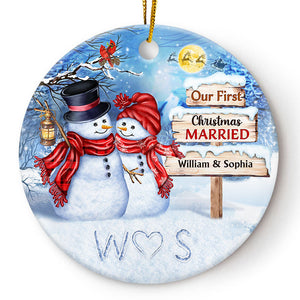 Snowman Couple Our First Christmas Together - Christmas Gift For Couple - Personalized Custom Circle Ceramic Ornament