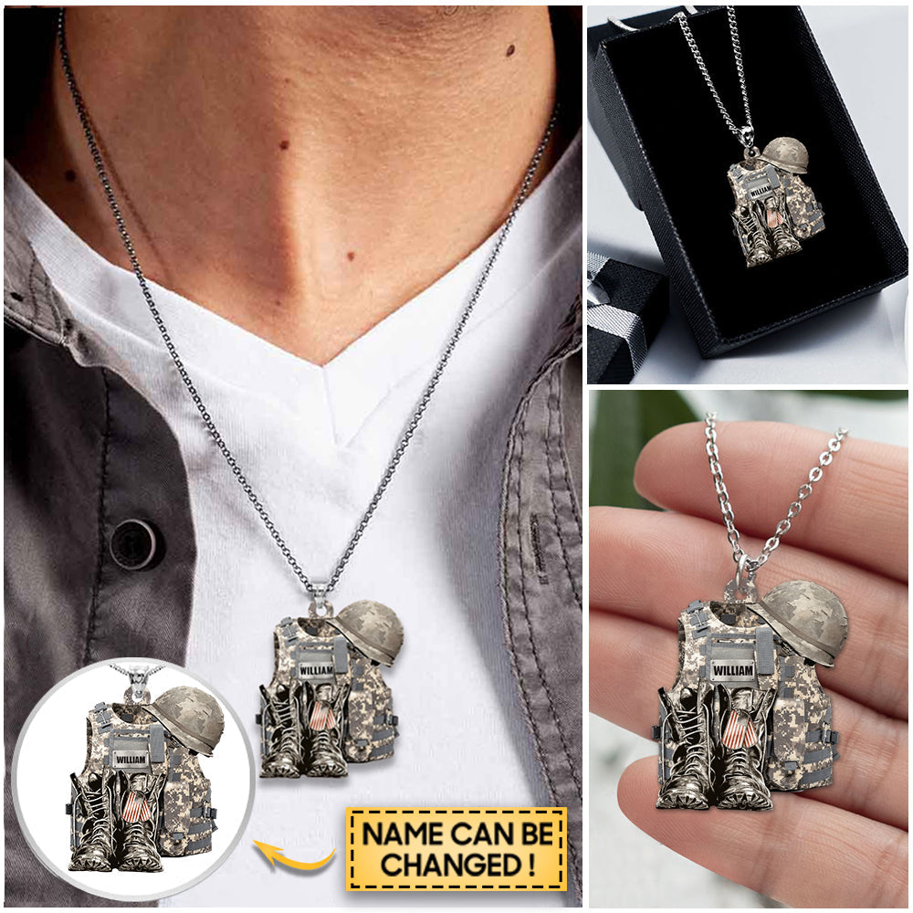 Military Uniform - Boots & Hat - Personalized Stainless Steel Necklace