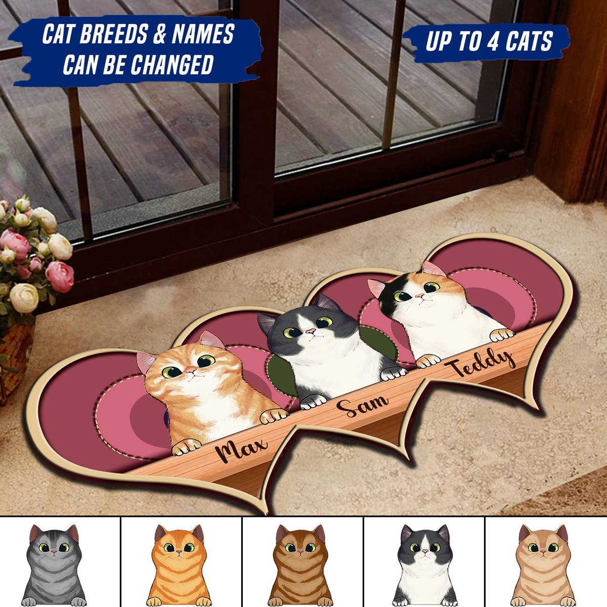 Cat Pink Hearts Personalized Custom Shaped Doormat
