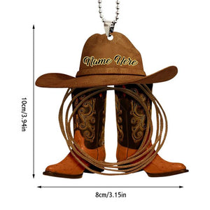 Personalized Vintage Cowboy Riding Whip, Hat And Boots Car Hanging Ornament