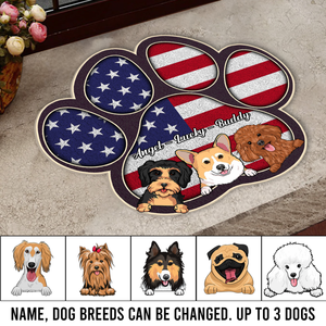 Cute Dogs With US Flag Personalized Custom Shaped Doormat, Funny Dog Gift For Independence Day