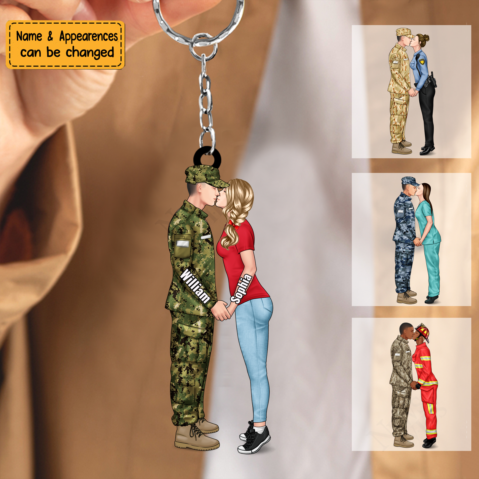 Personalized Keychain, Couple Portrait, Firefighter, EMS, Nurse, Police Officer, Military