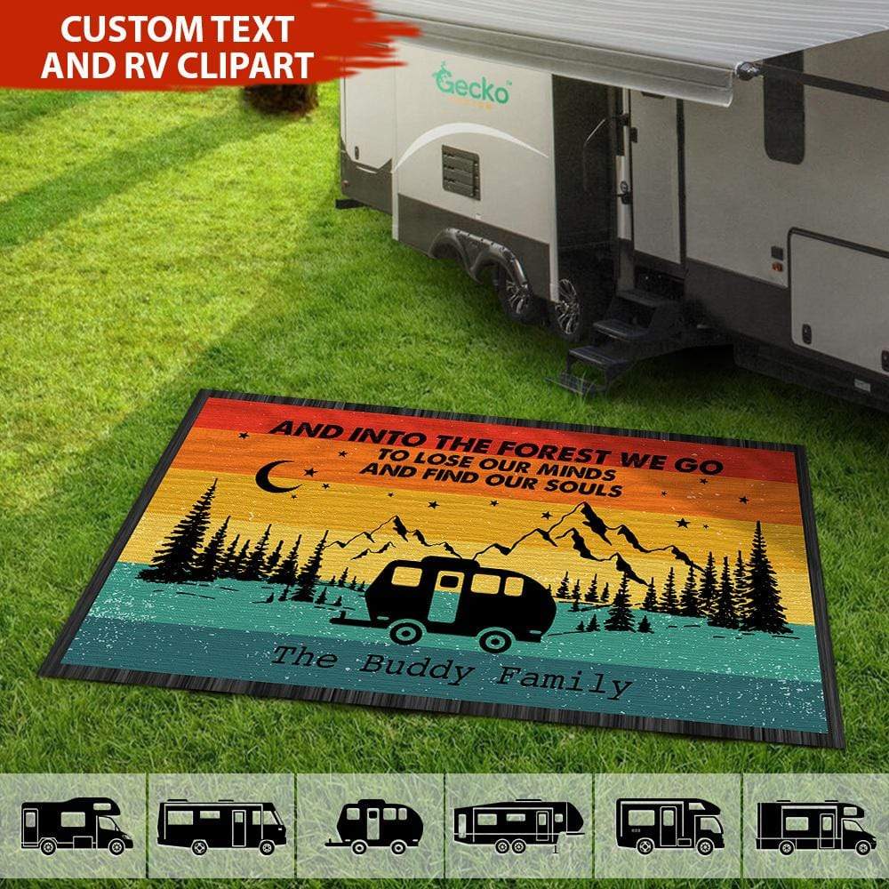 Retro Sunset Into The Forest We Go Custom Text Camping Patio Mat