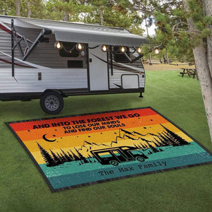 Retro Sunset Into The Forest We Go Custom Text Camping Patio Mat