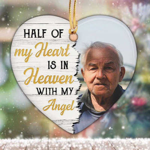 Half Of My Heart Wood Texture Memorial Photo Personalized Heart Ornament