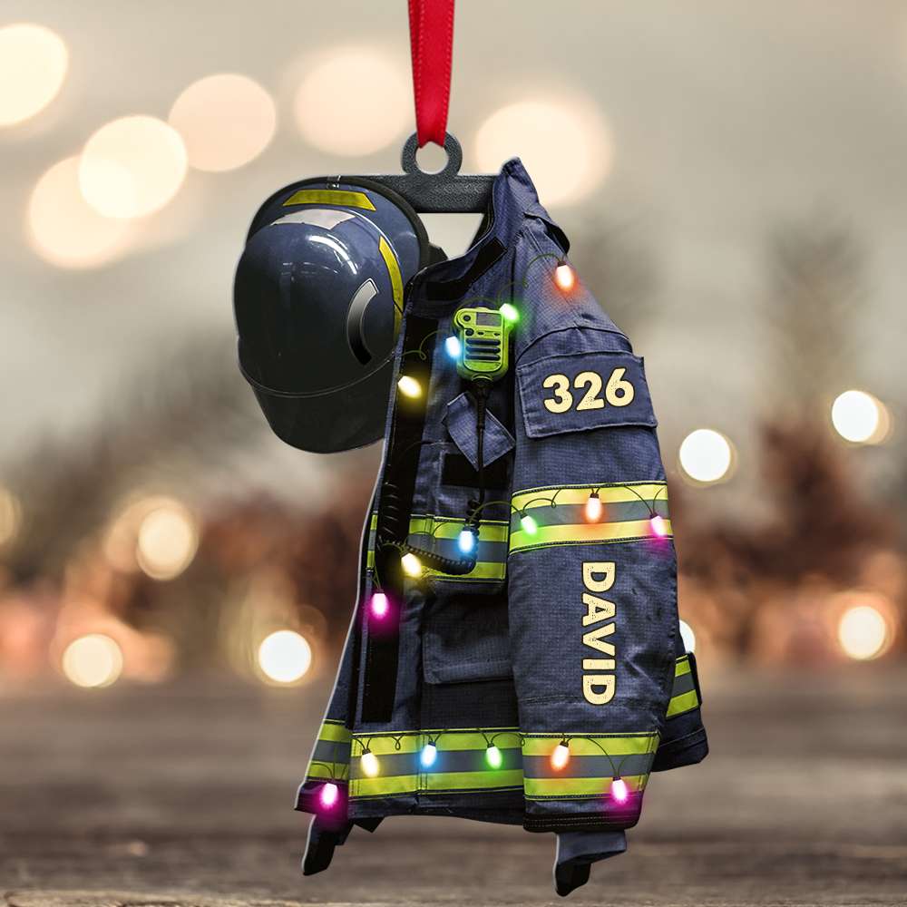 Firefighter Suits With Christmas Light - Personalized Flat Ornament - Gift for Firefighters