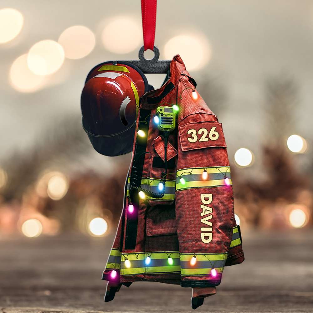 Firefighter Suits With Christmas Light - Personalized Flat Ornament - Gift for Firefighters