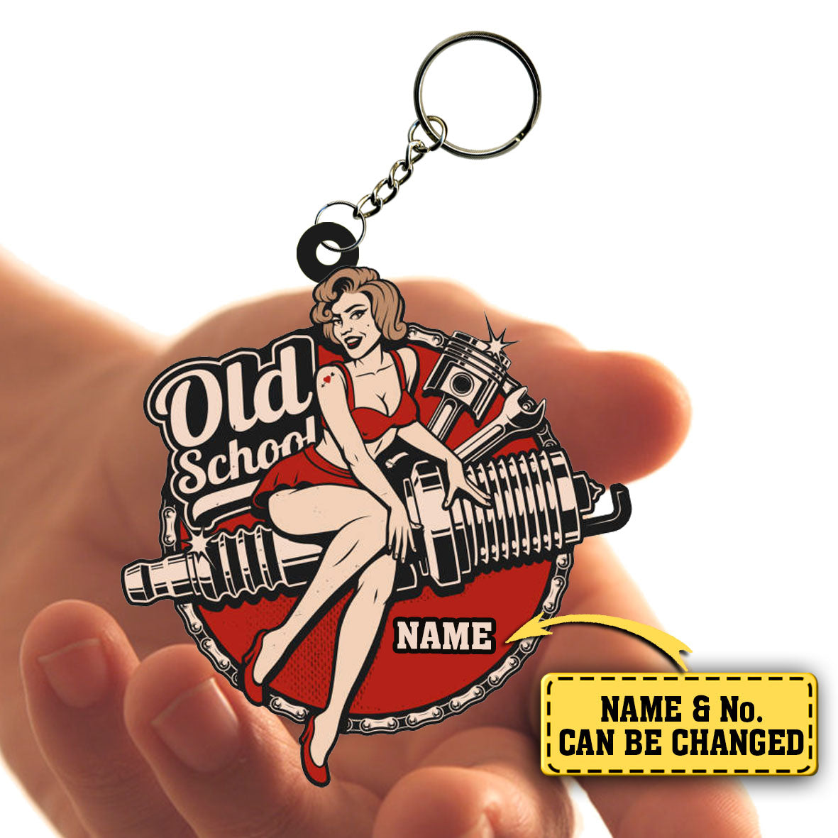 Personalized Old School Female Biker Acrylic Keychain