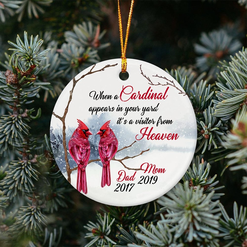 When A Cardinal Appears In Your Yard, It's A Visitor From Heaven Memorial Cardinal Decorative Christmas Circle Ornament 2 Sided