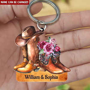 Personalized Cowboy Couple Flower Keychain