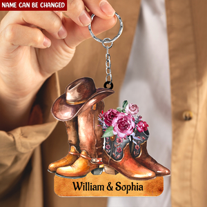 Personalized Cowboy Couple Flower Keychain